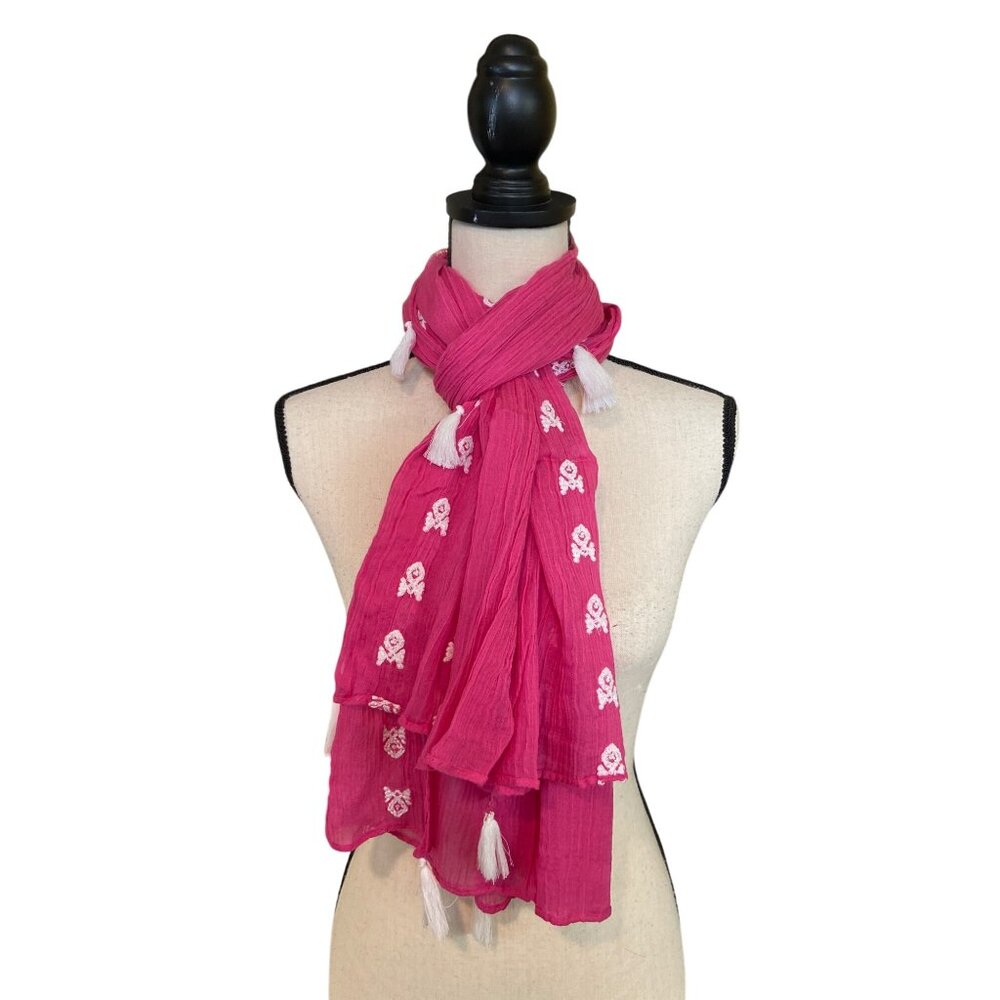 Women's Pink Lightweight Scarf White Embroidered Western Accents Tassels Cowgirl